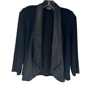 Chicos Travelers Jacket Black Faux Leather Draped Open Front 00 US XS 3/4 Sleeve